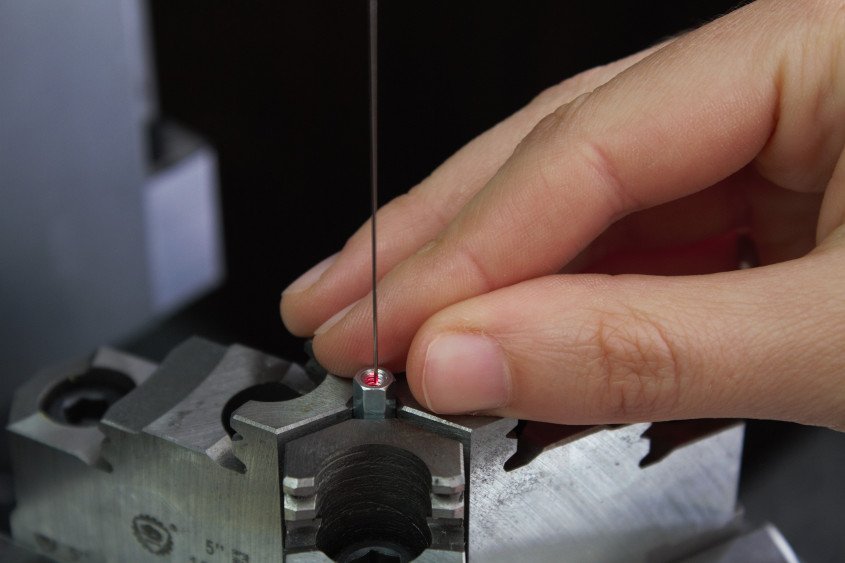 The 0.5-diameter probe easily enters the above measured hex standoff (#4-40).  Here, the TubeInspect system was used, so the threaded nut was spun on a rotational stage while the probe was lowered inside.  An alternate approach is to use the BoreInspect system, which spins and advances the probe into the part that remains stationery.