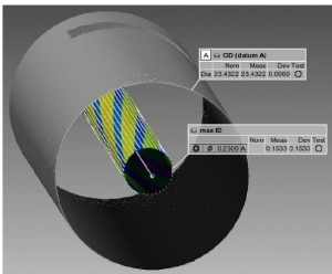 The ID and OD surfaces of a rifle barrel scanned with the TUBEINSPECT  system and then combined into one data set. The ID and OD axes may be compared and runout calculated.